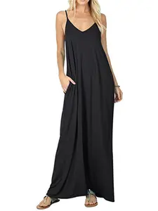 Women's Plain Backless Pocket Cami Dress, Casual V Neck Spaghetti Strap Sleeveless Long Dress for Summer, Ladies Clothes for Daily Wear, Casual Dresses