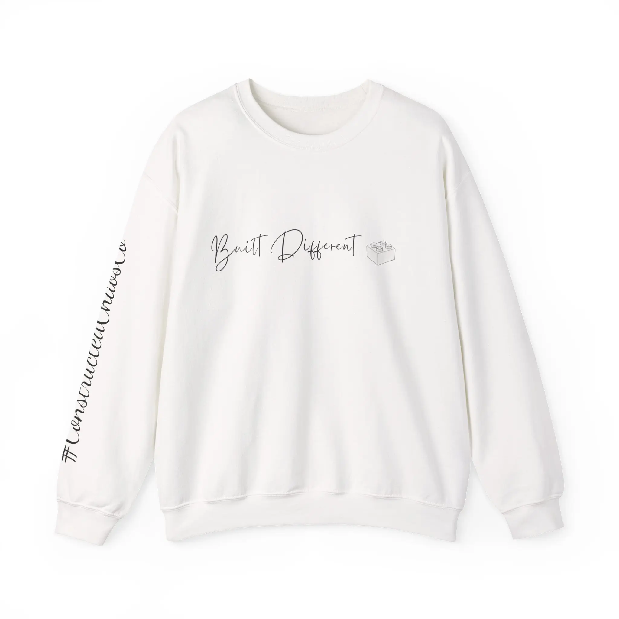 Built Different -Crewneck Sweatshirt Minimal Script Design (sleeve text) Casual