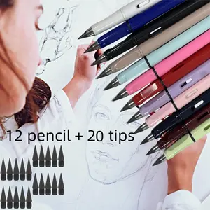 12 Pcs Eternal inkless pencil, with 12 erasers and 20 replacement tips, reusable permanent writing pencils, suitable for writing and painting, home office supplies