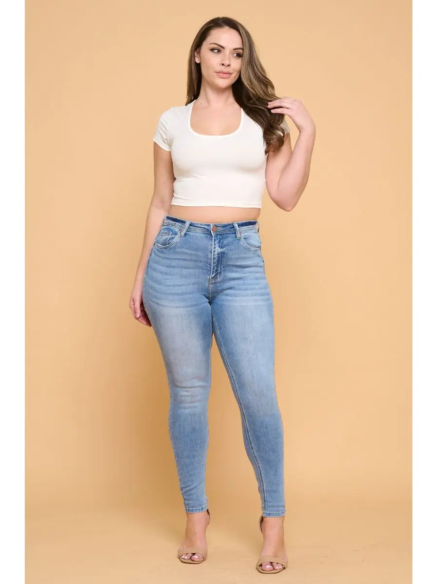 High Rise Blue Skinny Jeans for Women in a Basic Stretch Cotton Denim with 5 Pockets, Belt Loops and a Comfortable Fit