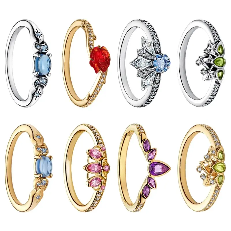 2026 New 925 Silver Sparkling Heart Princess Crown Heart-to-Heart Ring Fashion DIY Charm Jewelry Exquisite Gift