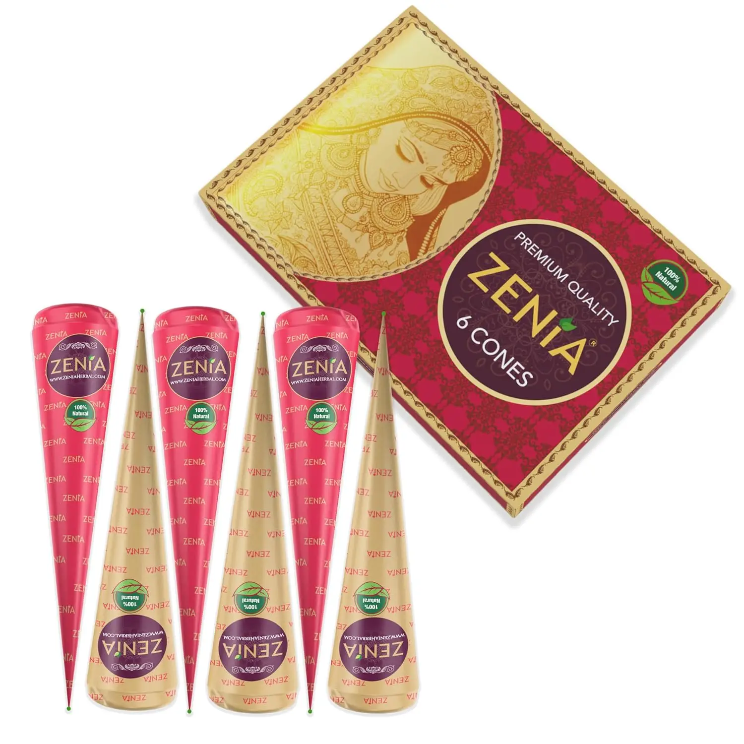 (Pack of 6) 25g Fresh Zenia Natural Henna Cones