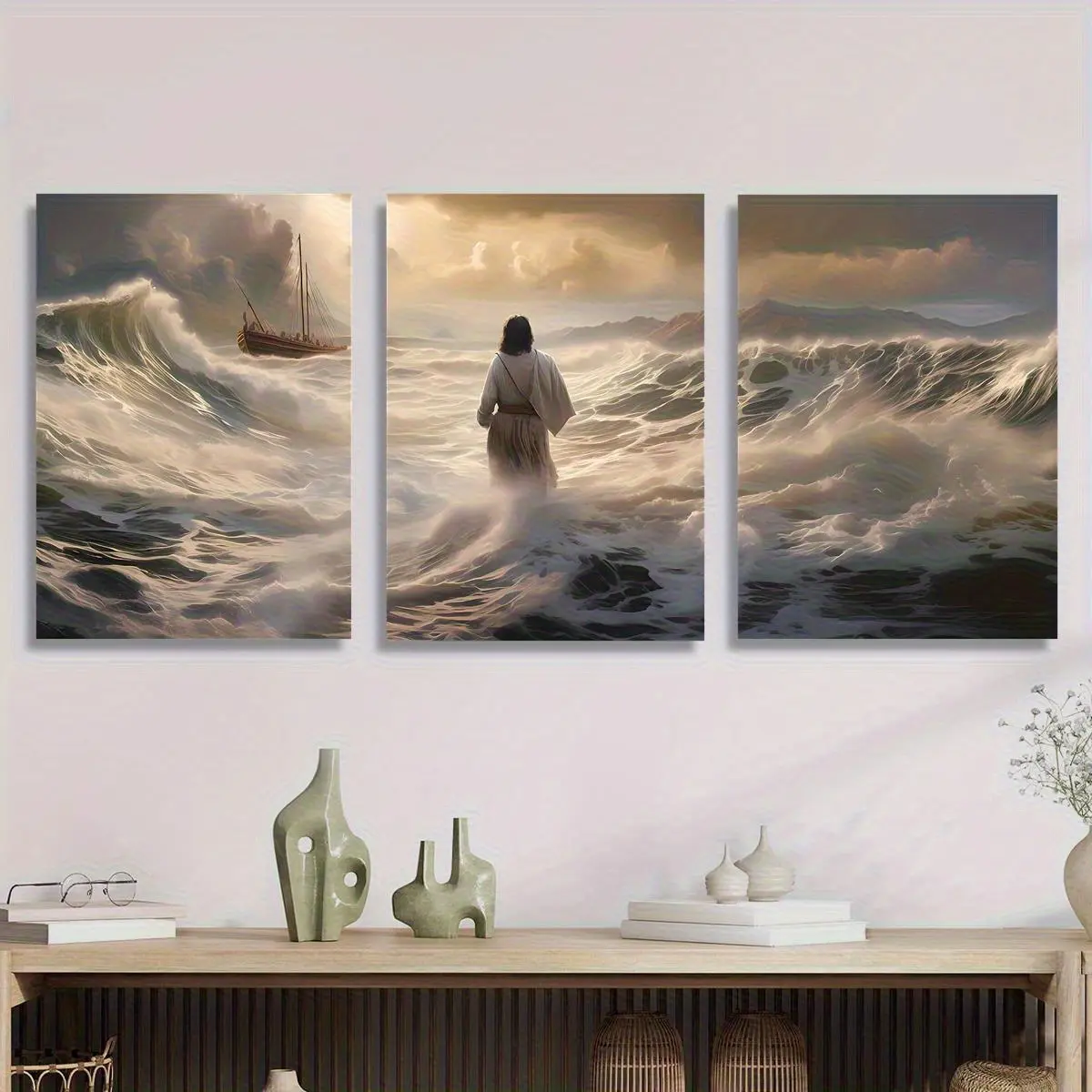 3-Piece Hanging Biblical Wall Art Kit - Jesus Walks on Water Sunset Canvas Prints, Handmade Easter Religious Decor, Easy to Hang, UV-Resistant Non-Toxic, Multiple Sizes , Faith Gift for Home Office, Post Ideas, Hanging Wall Art