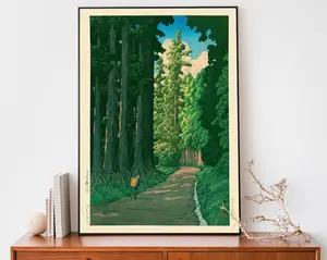 Vintage Japanese Forest Poster, Woodblock Art, Road to Nikko by Kawase Hasui, Japandi Decor, Botanical Wall Art