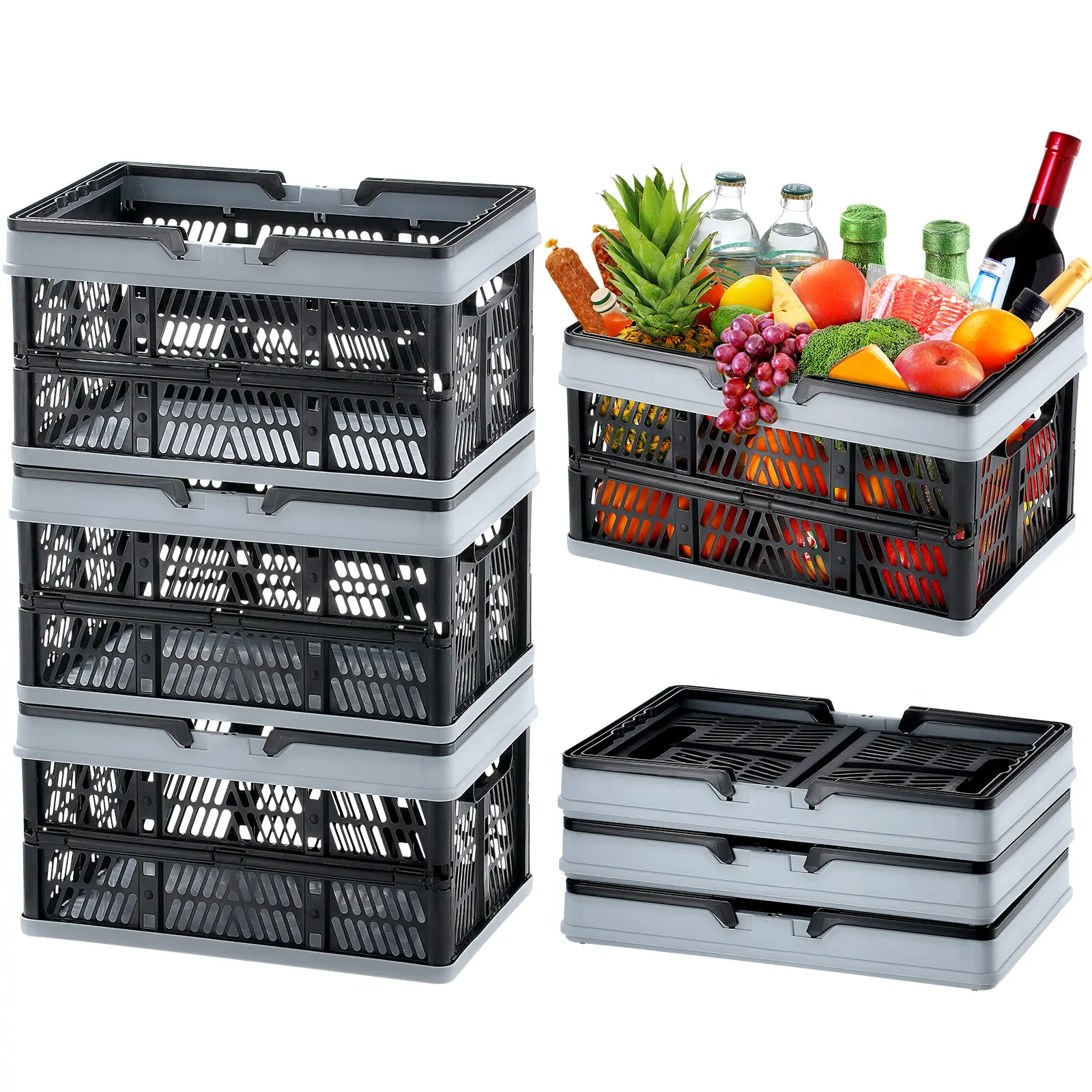 VEVOR Collapsible Shopping Basket, 3 Pack, 16L Plastic Foldable Storage Crate with Handle, Grocery Fruit Vegetable Shopping Basket Folding Storage Container for Supermarket Retail Shopping, Organiser