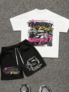 Urban Racing Car Streetwear Outfit Men’s "Trapseast Racing" Pink Sports Car 2-Piece Set | White Tee + Black Shorts Streetwear