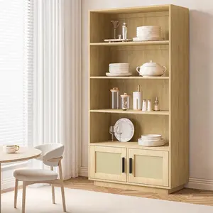 5-Tier Wooden Bookcase with Rattan Doors - Boho Tall Bookshelf, Open Shelf Storage Stand for Living Room, Bedroom, Home Office, Kitchen - Natural Brown