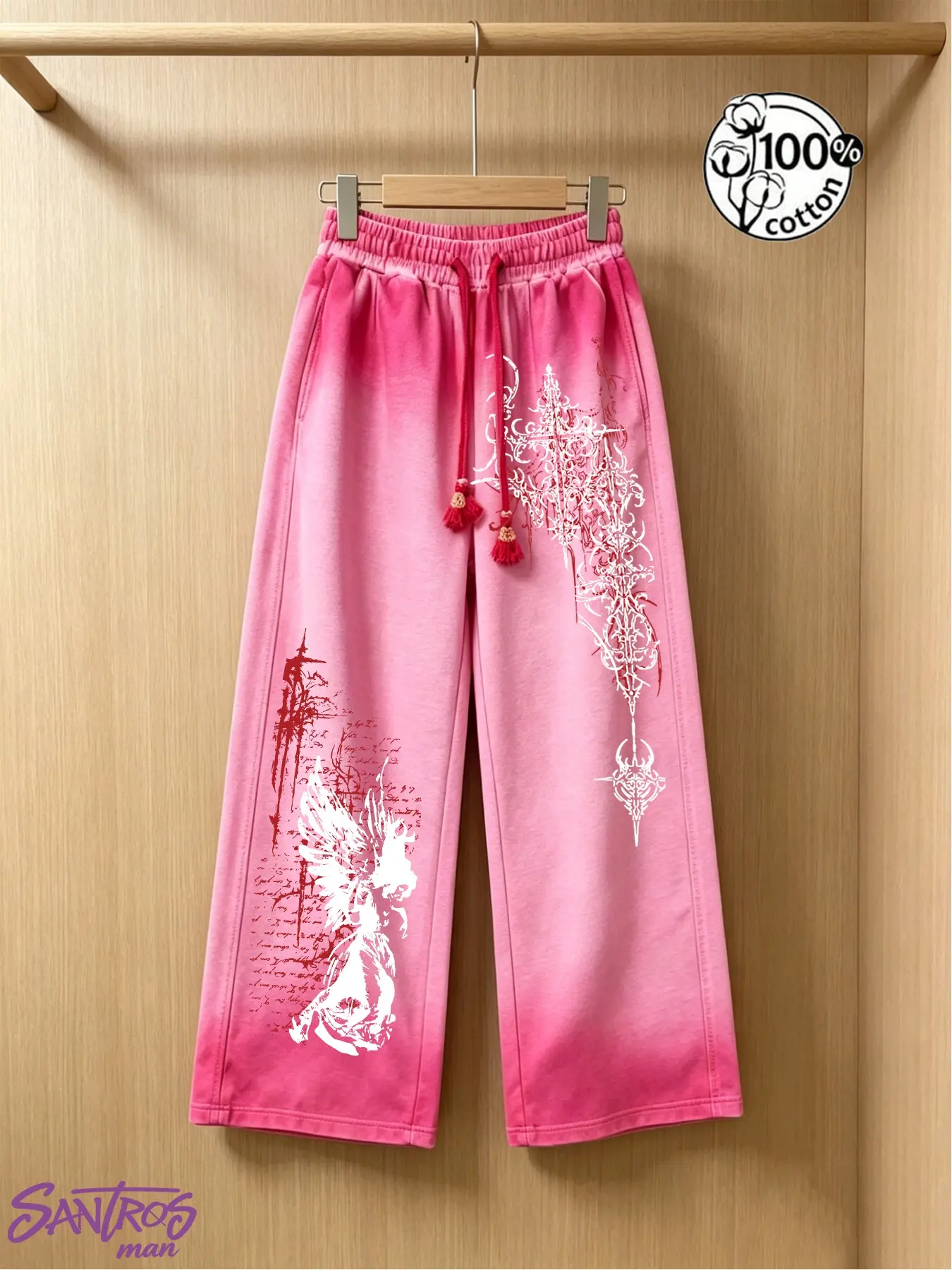 Unisex 100% Cotton Pink Gradient Oversized Loose Baggy Casual Sweatpants with Gothic Angel Graphic Print American Y2K Streetwear Wide Leg Pants Bottoms