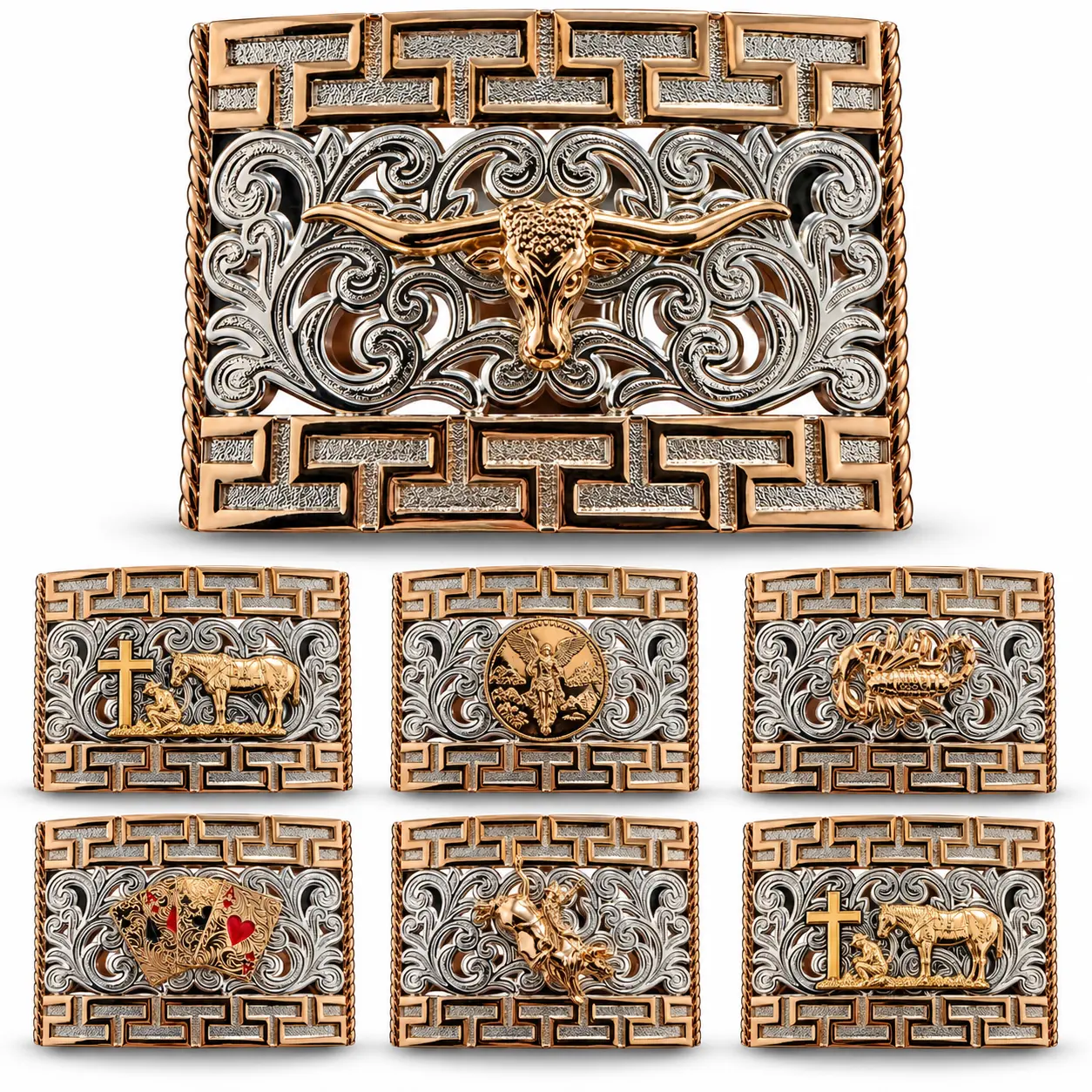 Men’s Western Belt Buckle Collection – Longhorn, Cowboy, Cross, Scorpion & Playing Cards Designs