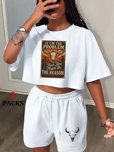 Women's Summer Casual Sporty Two-Piece Set, Loose-Fit Crop Top & Ultra-Short Shorts, Leaf Pattern, Comfortable Daily Wear