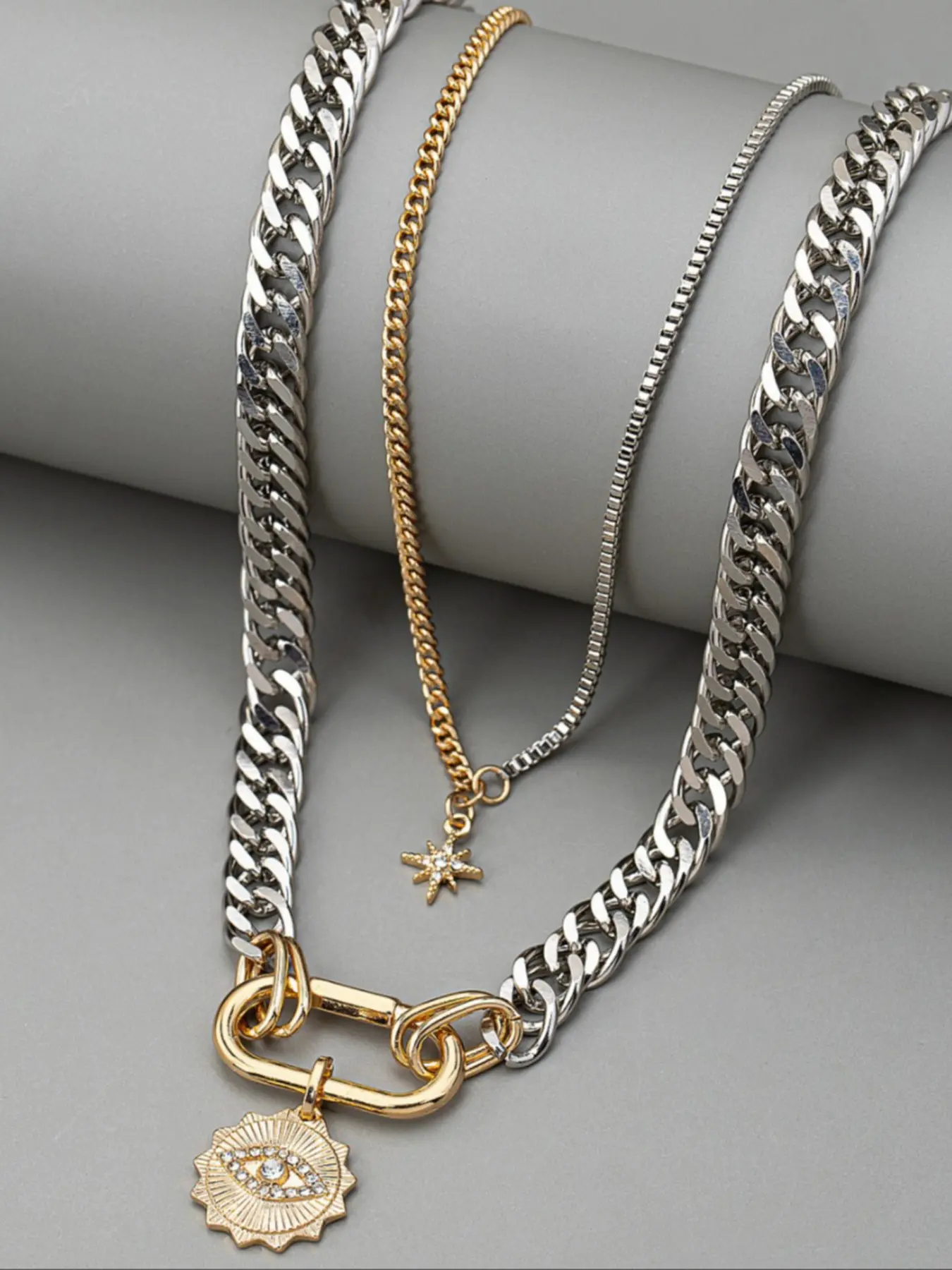 Metal simple two-color layer necklace, Fashionable Accessory, personalized exaggerated trendy eye pendant 2-layer stacking necklace for women, suitable for daily wear during the back-to-school season, Dainty Layering Jewelry, Double Layered Jewelry