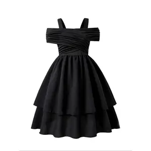 Girl's Solid Color One Shoulder Sweater , Casual Fashion Ruffle Trim Sleeveless Knit  for  Holiday, Kids Summer Clothes, Bodycon   party dress