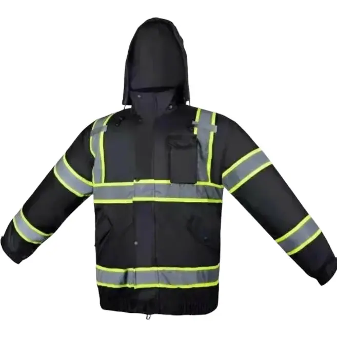 Men's Solid Black Hooded Safety Waterproof Work Jacket Uniform - Detachable Hood, Stylish Outerwear, Work Jacket Uniforms