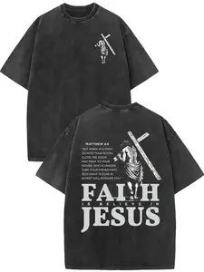 Vintage Washed Black Double Sided Faith Is Believe In Jesus Scripture Graphic T-Shirt,Heavyweight Oversized Religious Matthew 6:6 Bible Verse Christian Streetwear Top,Front Mini Jesus Carrying Cross Large FAITH JESUS Verse Short Sleeve Tee,