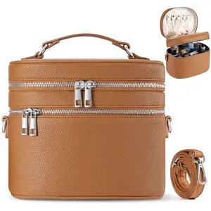 Makeup Bag PU Leather Organizer Double Layer Vanity Bag Large Capacity with Compartments and Handle Travel Portable Storage Crossbody Cosmetic Jewelry Case