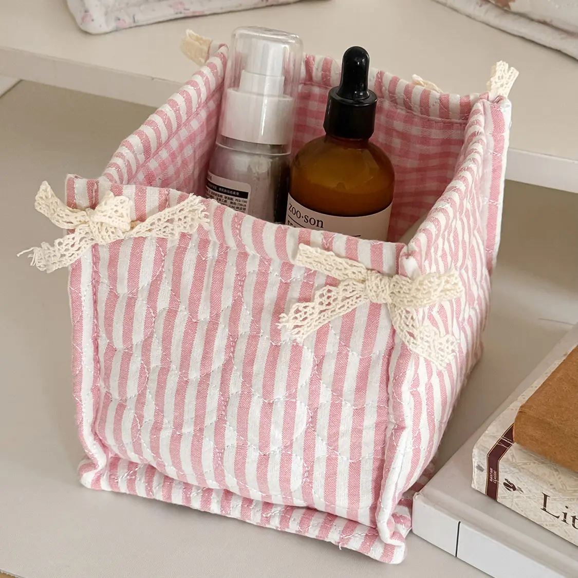 Lace Sweetie (Square Storage Basket) - [Pink Stripes]
