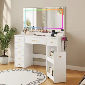 7-Drawer Bedroom Dressing Table with Multi-Color RGB LED Mirror, Side-Pull Cabinet Design, Charging-Enabled Vanity, Dreamy Bedroom Dressing Table, Mirrored makeup Dressing Table, Gift Set Dressing Table for Girls (White)