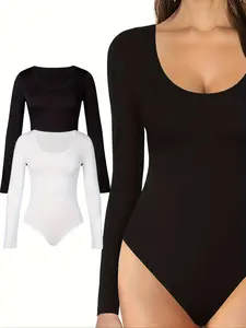 Women's Long Sleeve Bodysuit Set, Sexy Round Neck Tight-Fitting Jumpsuit, 2-Piece for Casual Wear, Comfortable & Stylish