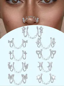 Boho Style Fake Nose Ring With Heart Shaped Chain Stainless Steel Non Piercing Nose Ring Multiple Styles Heart Flower Butterfly Star Moon Cubic Zirconia Nose Ring Fake Nose Ring Fake Nose Piercing Jewelry Silvery Non Tarnish Jewelry