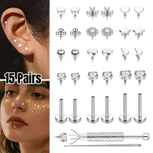 1Set Stainless Steel Flat Back Earrings Stud Surgical Threadless Push in Nose Stud Tragus Helix Lip Medusa Piercing Jewelry