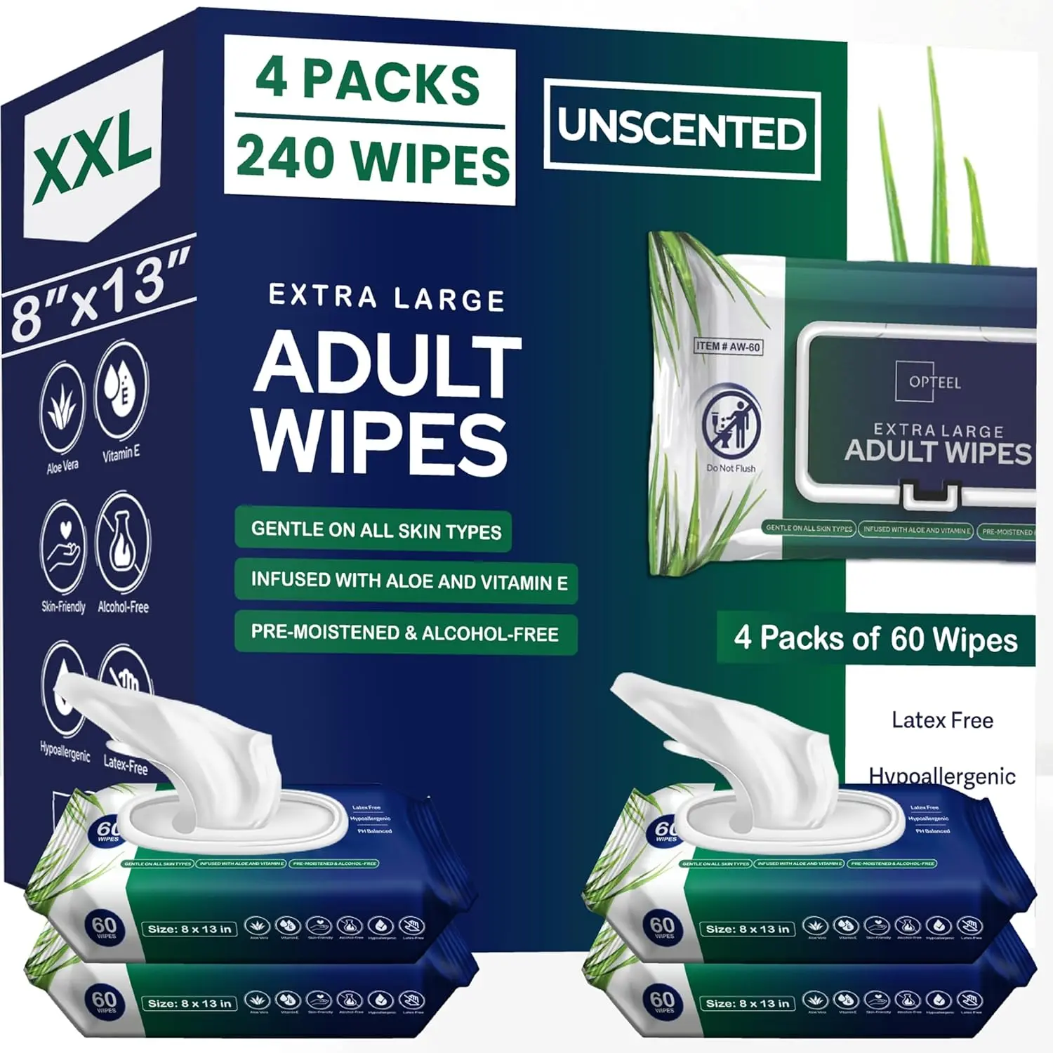 OPTEEL Wet Wipes For Adults Unscented  - 8"x13" Extra Large & Soft, Perfect for Daily Hygiene or Incontinence, Vitamin E & Aloe Infused for Women & Men 240ct (4 Packs of 60)
