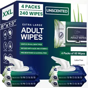 OPTEEL Wet Wipes For Adults Unscented  - 8"x13" Extra Large & Soft, Perfect for Daily Hygiene or Incontinence, Vitamin E & Aloe Infused for Women & Men 240ct (4 Packs of 60)