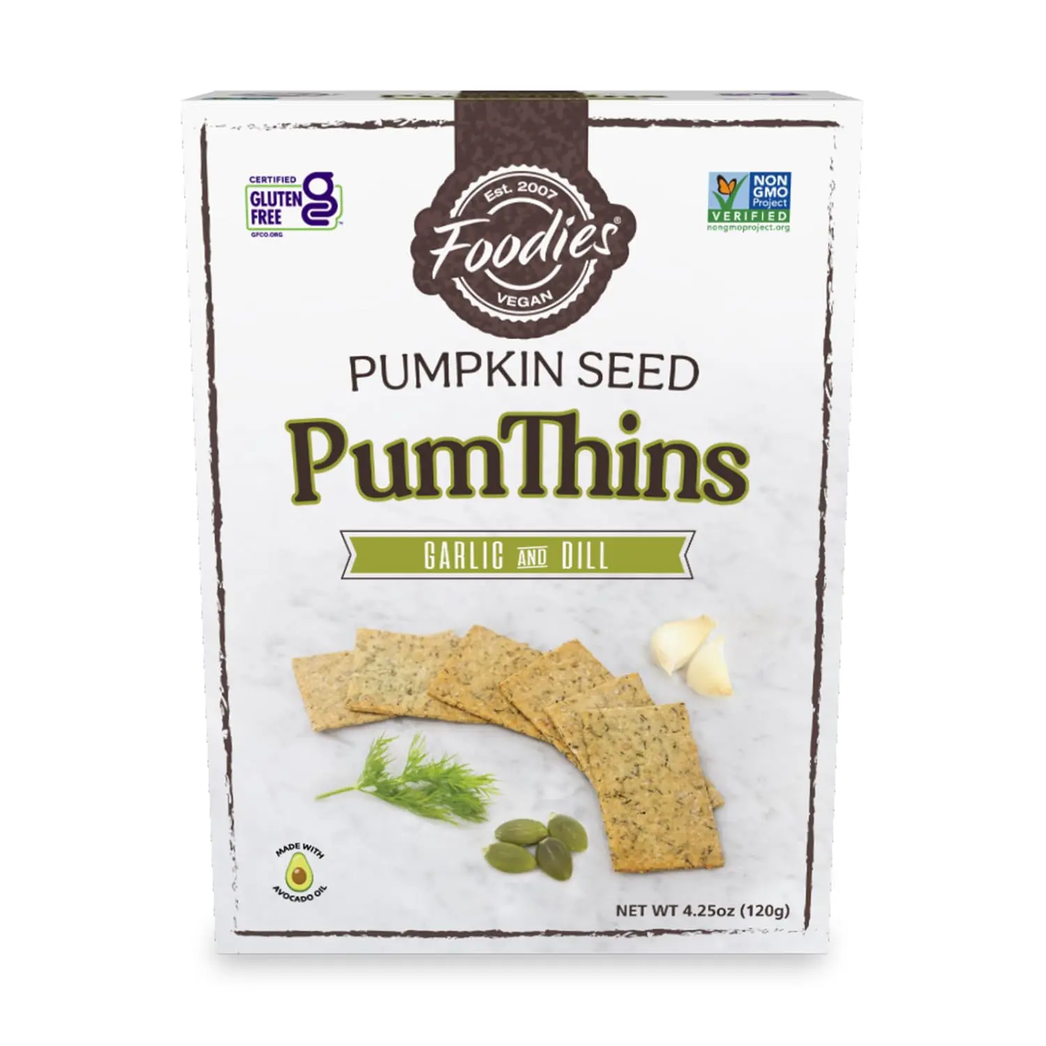 Foodies PumThins Garlic & Dill Crackers, Gluten Free, Made with Organic Pumpkin Seeds, No Seed Oils, Healthy, Paleo Friendly, 4.25 oz 1-Pack