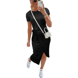 Women Casual Sleeveless Striped Tank Midi Dresses Halter Neck Ruched Bodycon Dresses Tie Waist T Shirt Summer DressGift
