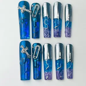 DiDazzle Chrome Abyss Aquarium Press-On Nails – Silver-Blue Liquid Core, Long Square Mermaid Nails, Viral TikTok Trend