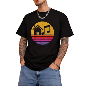 Unisex Vintage  Sunset House Music Graphic T-Shirt - 100% Cotton Relaxed Fit Tee with Slight Stretch, Vibrant Digital Print, S-XXXL Sizes for Casual Outdoor & Festival Wear
