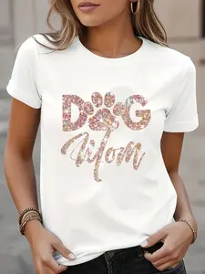 100% Cotton Women's Casual Short Sleeve T-Shirt with Cute Dog Paw Print & "DOG Mom" Glitter Graphic - Machine Washable Round Neck Top for Pet Lovers, Spring Summer Comfort Fit, Dog Tshirt, Easy Care Clothing, Hline Silhouette
