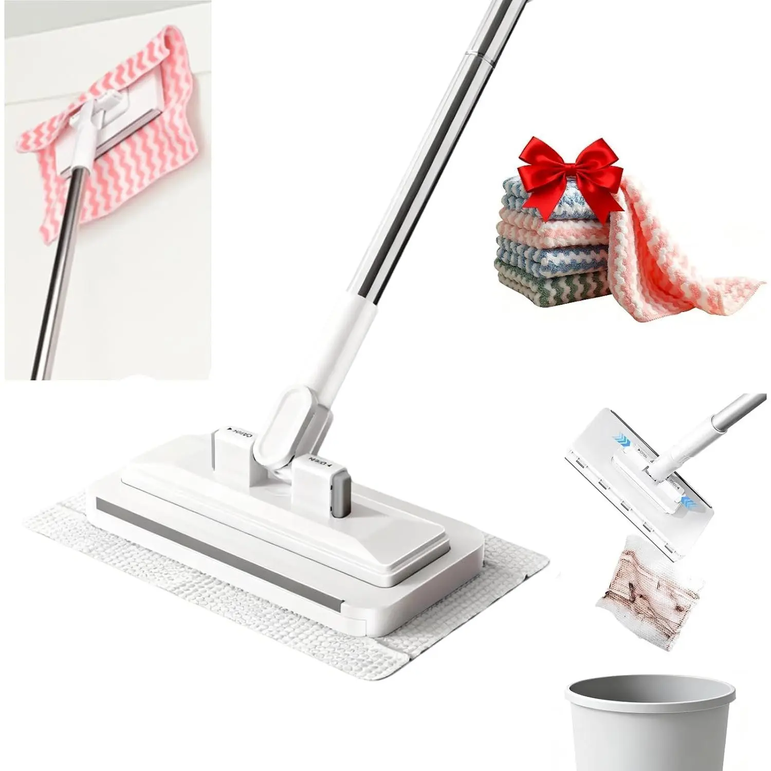 Multifunctional No-Contact Flat Mop with 92cm Adjustable Snap Grip Handle, Locking Head, Mini Gap Dust Cleaning, 1 Mop + 5 Sweeping Cloths for Multi-Surface Use (7-14 Days Delivery), Adjustable Grip, Flat Mop Head