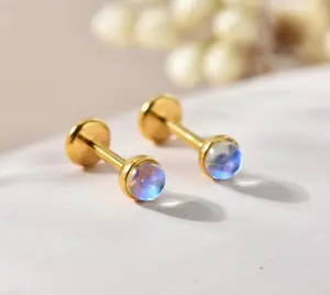 Titanium Moonstone Labret Stud Earring, Nose Stud, Push Pin Flat Back Earring, Tiny Tragus Earring, Forward Helix Earring, Tragus Piercing Stud, Threadless Gold Plated Nose Piercing Studs, conch piercing, non tarnish jewelry, women earrings