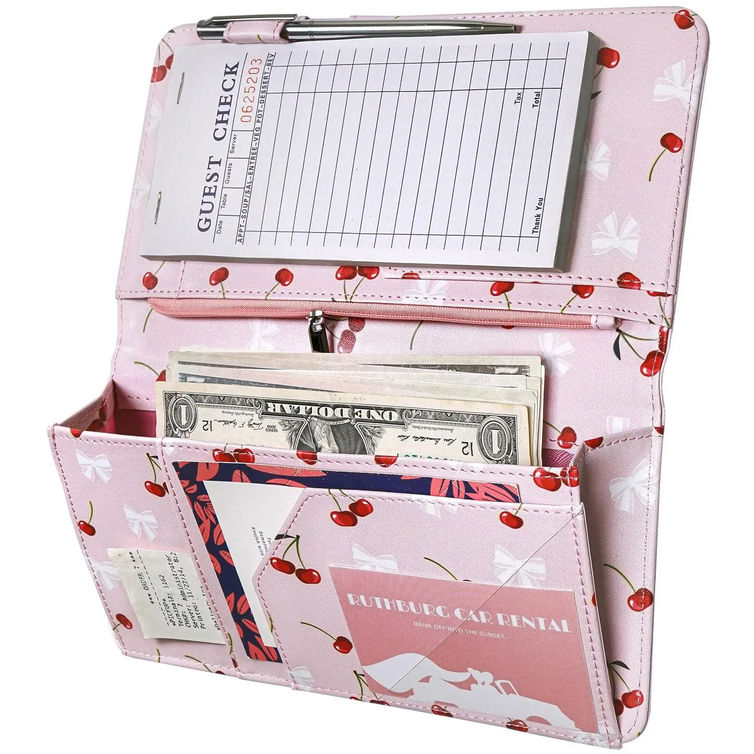 Cute Server Book for Waitress, Waiter Book with Zipper and  Pocket, Cherry & Bow Print Serving Book for Waitstaff in Restaurants, Leather Waitstaff Organizer Fits Server Aprons()