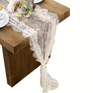 Bohemian Embroidered Table Runner 14x118 Inches, Elegant Wedding Banquet Decoration, Vintage Lace Design, Durable Rectangular Table Decor