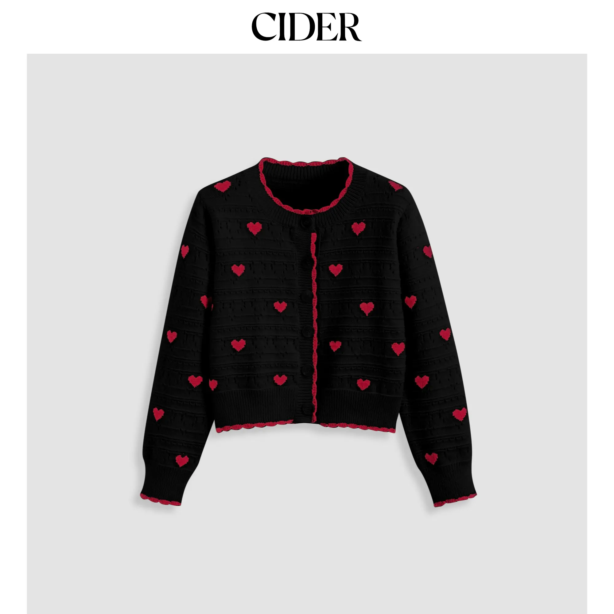 Cider Women's Casual Round Neck Long Sleeve Knit Cardigan with Heart Pattern and Contrast Binding, Tops