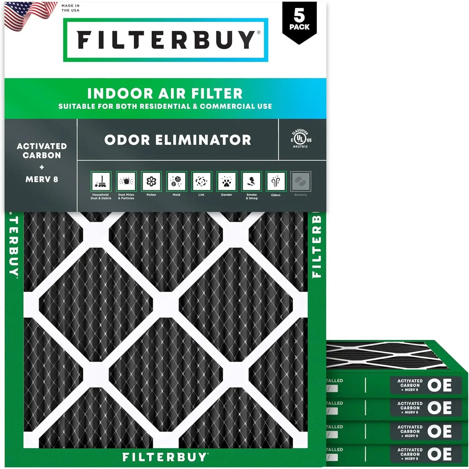 Filterbuy 16x20x1 Air Filter (5-Pack), Pleated MERV 8 Odor Eliminator HVAC AC Furnace Air Filters (Actual Size: 15.50 x 19.50 x 0.75 Inches)