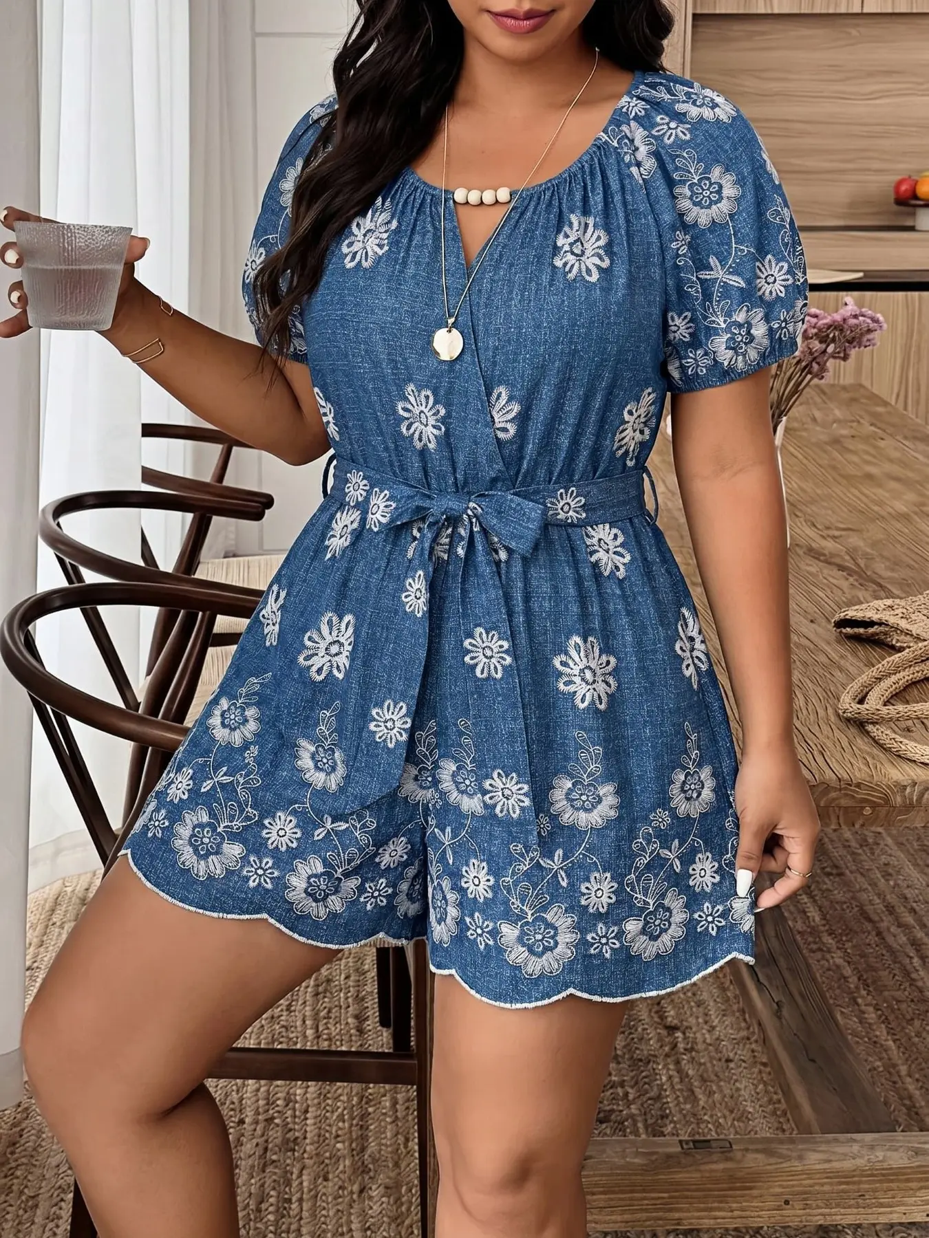 Plus Size Women's Round Neck Short Sleeve Romper Jumpsuit, Floral All over Print, High Waist, Loose-Fit, Elegant Belt Design, Casual Outdoor Wear