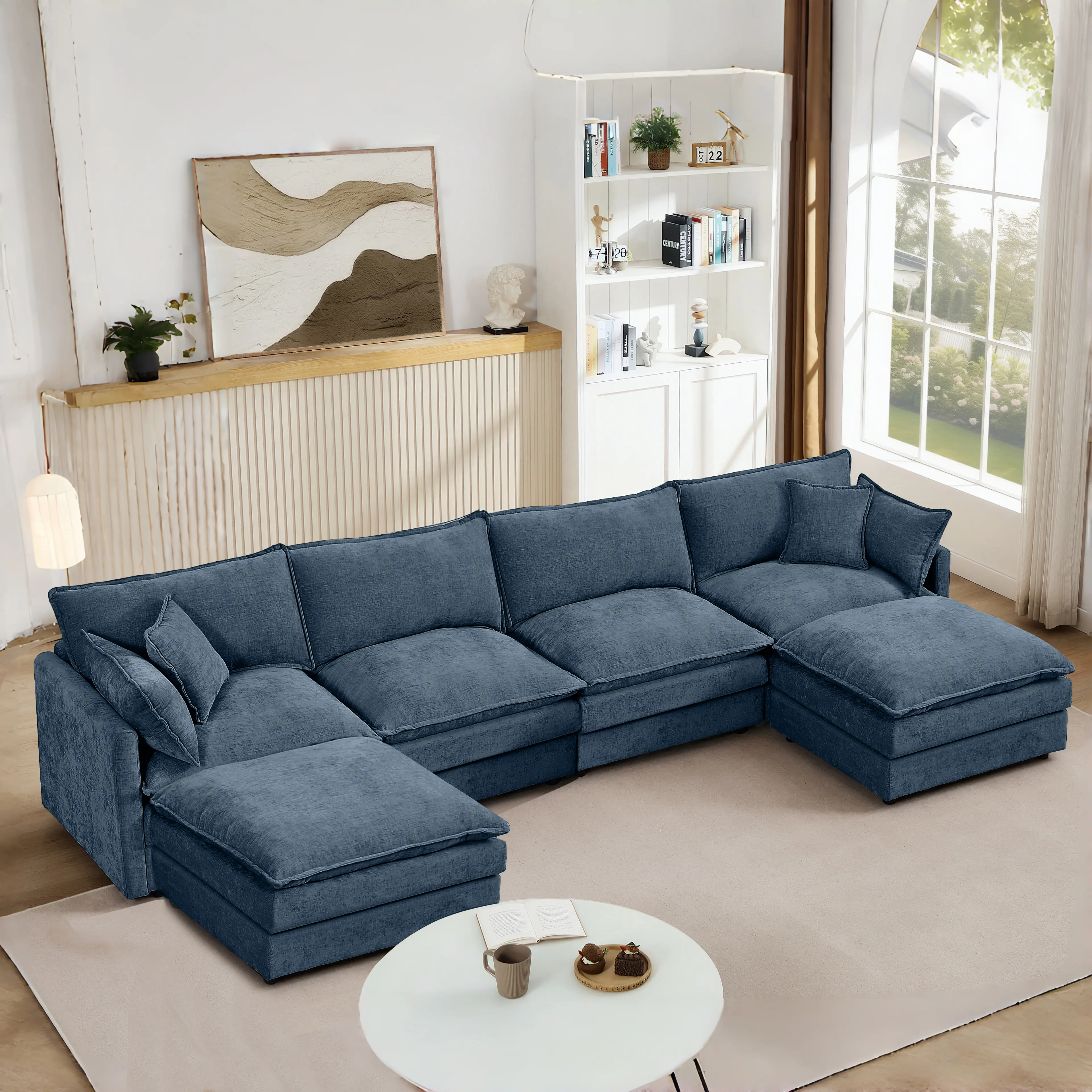 Niccae Modular Sectional Sofa, 130.7 Inch U Shaped Couch Set for Living Room, 4-Seater Comfy Cloud Couches with Movable Ottoman, DIY Combination, Chenille, Blue