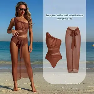 Swim Oasis Women's Solid Color Ruched Mesh Panel One-Piece Swimsuit with Sarong Skirt for Summer Beach Vacation
