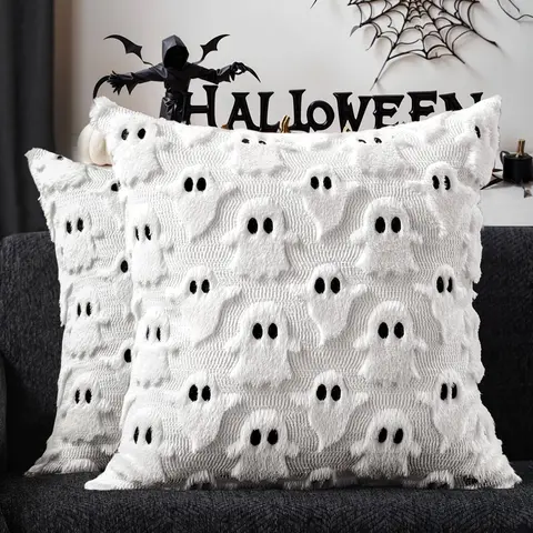 18x18 in Plush Faux Fur Cushion Covers (Set of 2) - White Ghost Faces, Farmhouse Soft Faux Fur Plush, Spooky Fall Decor for Sofa Couch, Bedroom Decor
