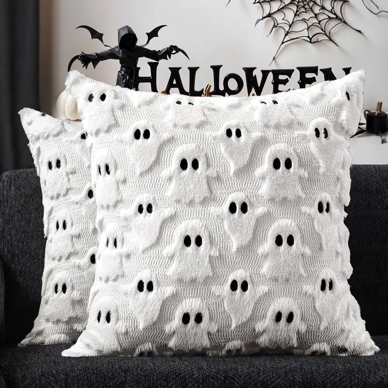 18x18 in Plush Faux Fur Cushion Covers (Set of 2) - White Ghost Faces, Farmhouse Soft Faux Fur Plush, Spooky Fall Decor for Sofa Couch, Bedroom Decor