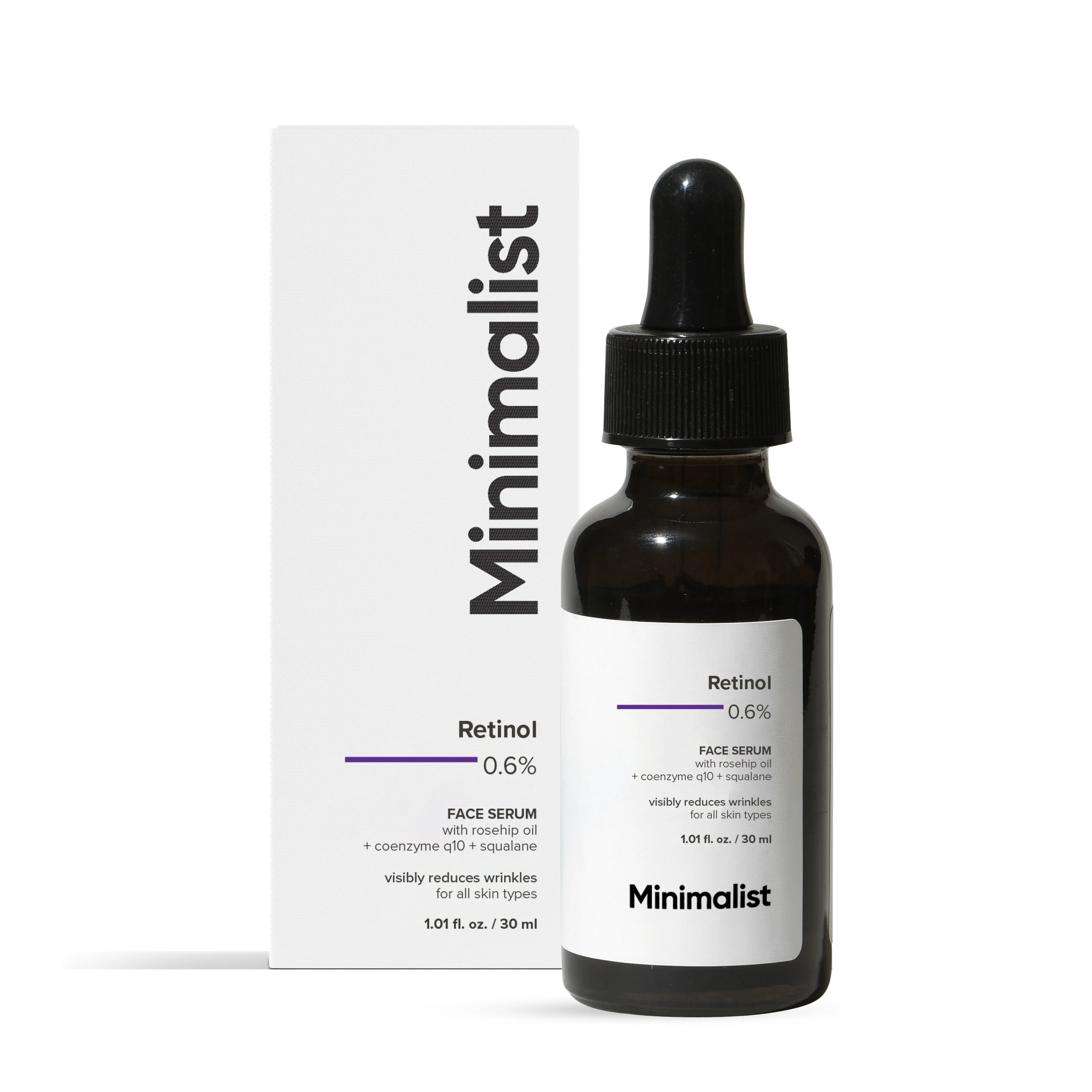 Minimalist 0.6% Retinol Mid-Strength Anti-Aging Face Serum - Fragrance-Free, Antioxidant, Coenzyme Q10, UV-Protective, Oil-Balancing Fine Line & Wrinkle Reducer for All Skin Types, 1 Fl Oz/30 ml Single Item