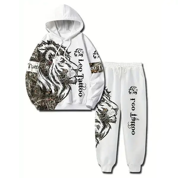 Men's Lion Print Sports Set: White Hoodie, Black Tiger Pattern, Kamo Sleeve Design, Street Costume Urban Fashion Set Men's Set, Upper Men's Lion Print Sports Set: White Hoodie, Black Tiger Pattern, Kamo Sleeve Design, Street Costume Urban Fashion Set Men's Set, Upper