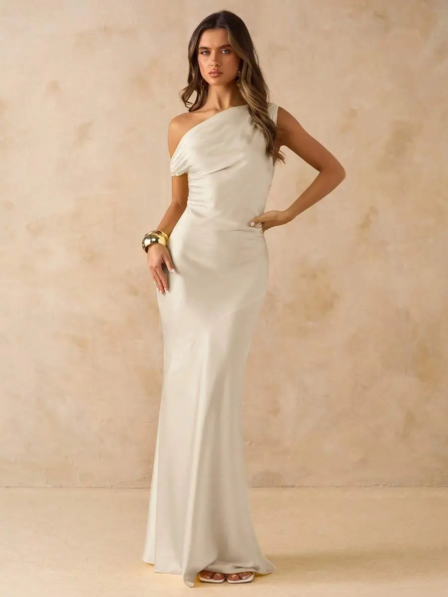 knee length dresses for ladies Leila V-Neck Low Back Satin Midi Dress Ivory Selfie Leslie