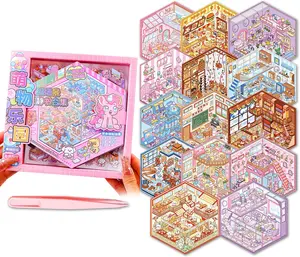 Easter Gift 3D Stickers Book for Kids,14 Sets of Scene Stickers Reusable and Waterproof Sticker Books for Girls Make You Own Mini House Sticker Therapy for Adult (Gift Box Packaging)