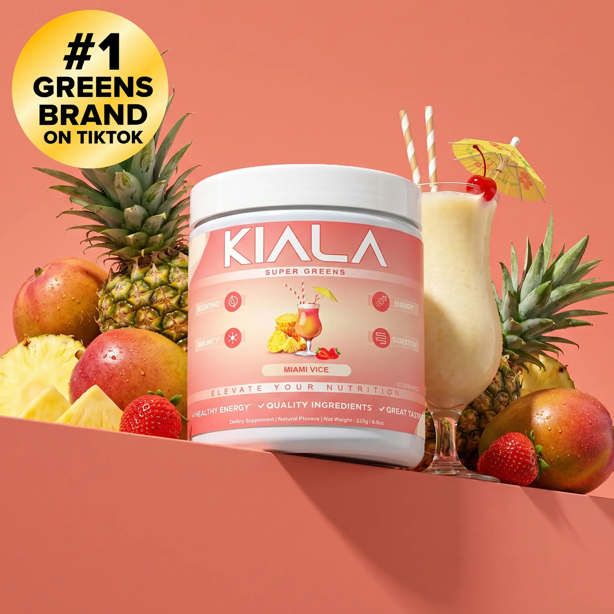 Kiala Nutrition Super Greens Miami Vice Flavor Organic Greens Powder with Spirulina & Chlorella for Digestion Gut Health Immunity & Energy Vegan Antioxidants - Supplements - Wellness - Healthcare - Dietary