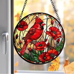 Cardinal Sakura Stained Glass Suncatcher, Lovebirds Window Hangings, Birds Memorial Gift, Gift for Mom, Cardinal Lover Gift, Home Decor Gift