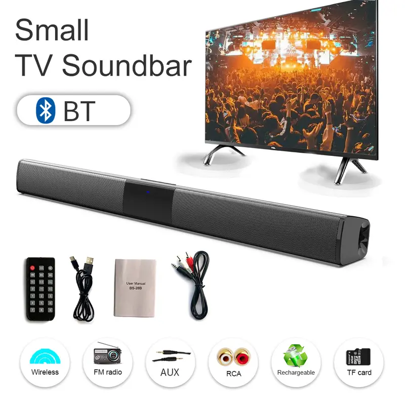 BS-28B BT 5.0 TV Sound Bar for Smart TV - Stereo Desktop Soundbar with HD Audio Surround Sound, Rechargeable, Remote Control, RCA Input, Auxiliary, TF-Card Support, ABS Plastic, FM Radio, PC/Laptop/Mobile Compatibility