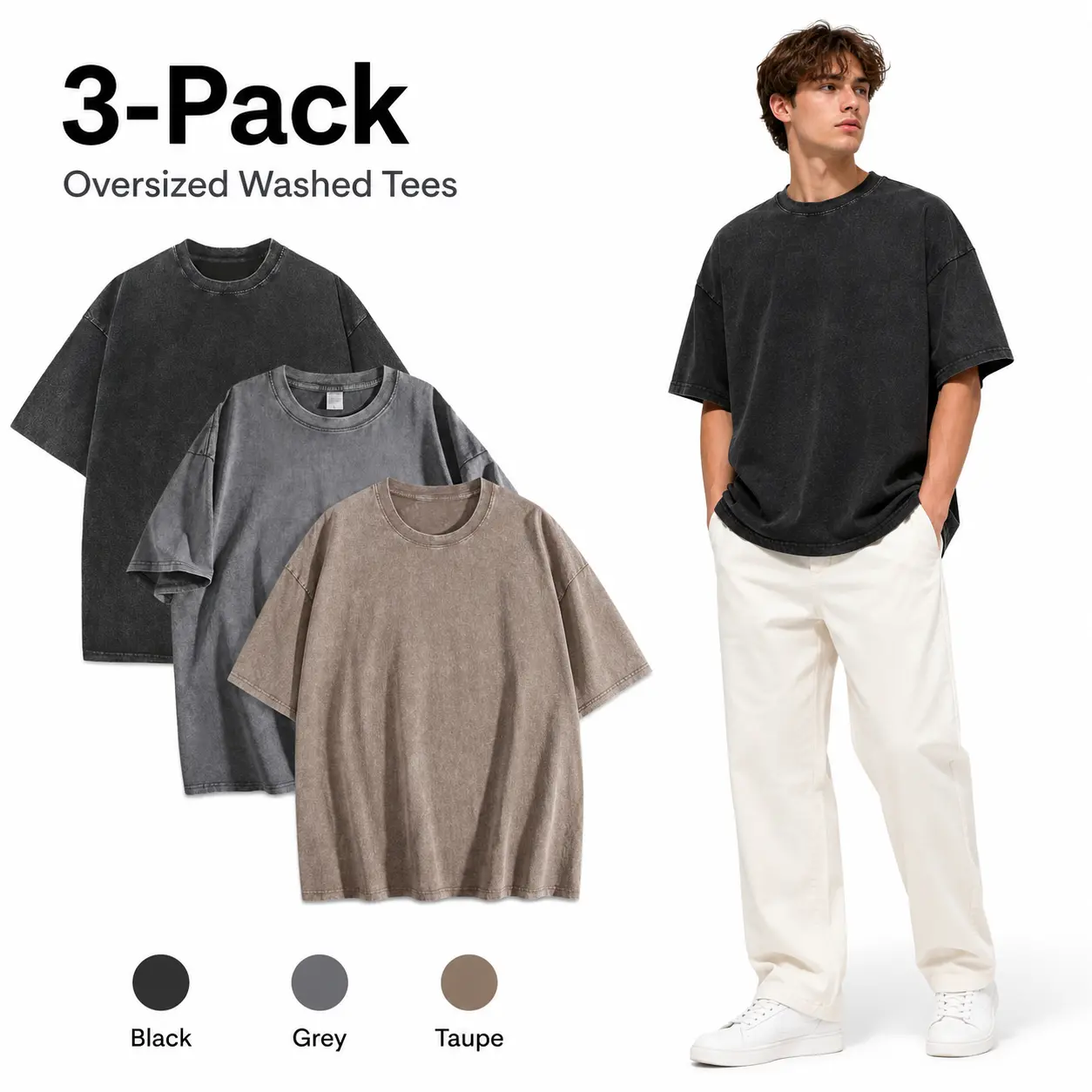 Men's Oversized Washed Plain Round Neck Casual Menswear T-Shirts - Black Grey Taupe 3-Pack, Relaxed Fit Tees